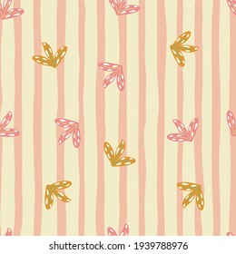Nature seamless pattern with random abstract leaf silhouettes print. Pink pastel striped background. Perfect for fabric design, textile print, wrapping, cover. Vector illustration.