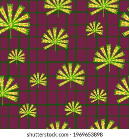 Nature seamless pattern with random green and yellow geometric daisy flowers. Purple chequered background. Decorative backdrop for fabric design, textile print, wrapping, cover. Vector illustration.