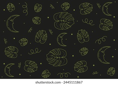 Nature seamless pattern. Tropic Palm leaves and crescent moon seamless ornament. Aesthhetic Spring background. Vector illustration can used bed linen textile wallpaper print. EPS 10