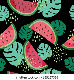 Nature seamless pattern. Watermelon and monstera leaves. Tropical vector background. Wrapping paper.