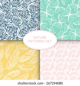 Nature seamless patterns set. 4 colorful textures with roses, butterflies, feathers and branches. Vector illustration