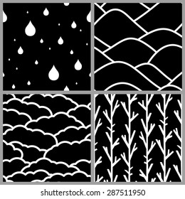 Nature seamless patterns set, black and white vector backgrounds collection. 