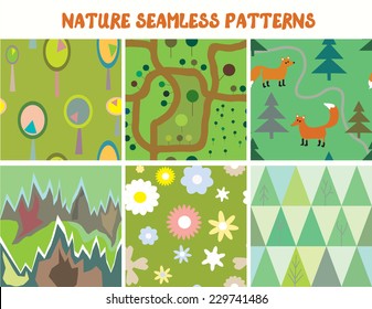 Nature seamless patterns set with tree, flowers, mountains vectors