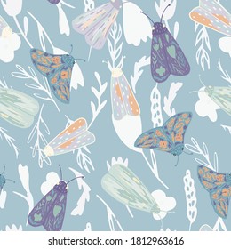Nature seamless random pattern with pastel colored moles. Blue background with white botanic elements. Great for wallpaper, textile, wrapping paper, fabric print. Vector illustration.