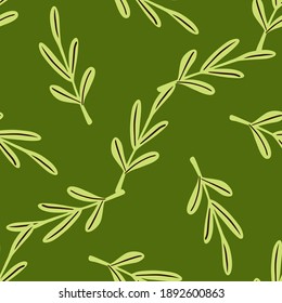 Naturaleza sin fisuras, patrón de estilo simple con hojas de contorno adornadas. Fondo verde. Ilustración bursátil. Diseño vectorial para textiles, tela, giftwrap, papel pintado.