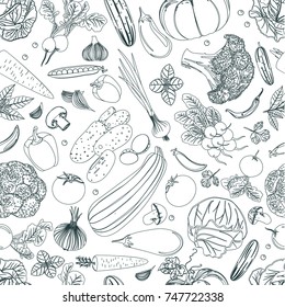 nature seamless texture with sketch of vegetables for your design