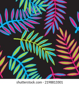 Nature seamless vector pattern with hand drawn twig, tree branch with leaves, tropical summer time. Ecological rural theme for poster print, wrapping paper, wallpaper, clothes textile, fabric design.