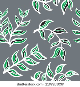 Nature seamless vector pattern with hand drawn twig, tree branch with leaves, tropical summer time. Ecological rural theme for poster print, wrapping paper, wallpaper, clothes textile, fabric design.