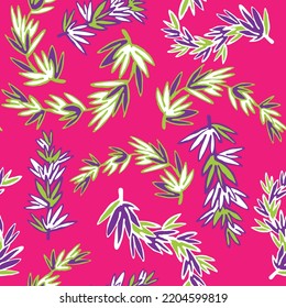 Nature seamless vector pattern with hand drawn twig, tree branch with leaves, tropical summer time. Ecological rural theme for poster print, wrapping paper, wallpaper, clothes textile, fabric design.