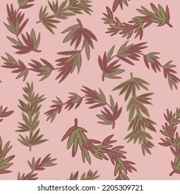 Nature seamless vector pattern with hand drawn twig, tree branch with leaves, tropical summer time. Ecological rural theme for poster print, wrapping paper, wallpaper, clothes textile, fabric design.