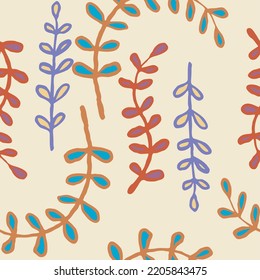 Nature seamless vector pattern with hand drawn twig, tree branch with leaves, tropical summer time. Ecological rural theme for poster print, wrapping paper, wallpaper, clothes textile, fabric design.