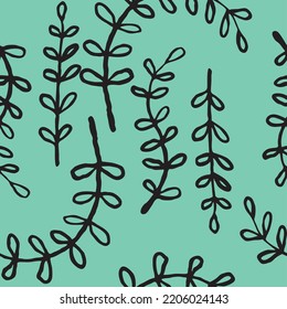 Nature seamless vector pattern with hand drawn twig, tree branch with leaves, tropical summer time. Ecological rural theme for poster print, wrapping paper, wallpaper, clothes textile, fabric design.