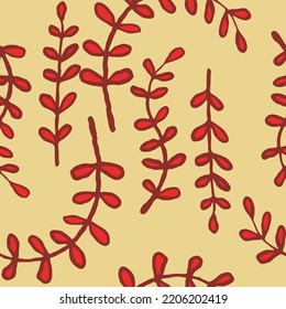 Nature seamless vector pattern with hand drawn twig, tree branch with leaves, tropical summer time. Ecological rural theme for poster print, wrapping paper, wallpaper, clothes textile, fabric design.