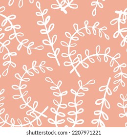 Nature seamless vector pattern with hand drawn twig, tree branch with leaves, tropical summer time. Ecological rural theme for poster print, wrapping paper, wallpaper, clothes textile, fabric design.