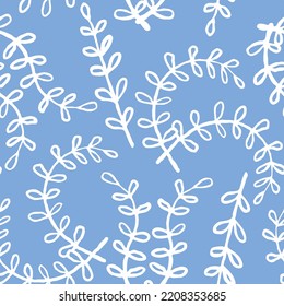 Nature seamless vector pattern with hand drawn twig, tree branch with leaves, tropical summer time. Ecological rural theme for poster print, wrapping paper, wallpaper, clothes textile, fabric design.