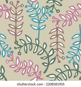 Nature seamless vector pattern with hand drawn twig, tree branch with leaves, tropical summer time. Ecological rural theme for poster print, wrapping paper, wallpaper, clothes textile, fabric design. - Shutterstock ID 2208581905