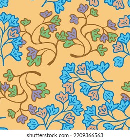 Nature seamless vector pattern with hand drawn twig, tree branch with leaves, tropical summer time. Ecological rural theme for poster print, wrapping paper, wallpaper, clothes textile, fabric design.