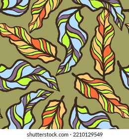 Nature seamless vector pattern with hand drawn leaf, tree branch with leaves, tropical summer time. Ecological rural theme for poster print, wrapping paper, wallpaper, clothes textile, fabric design.