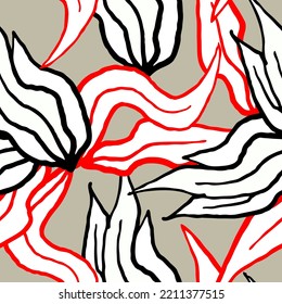 Nature seamless vector pattern with hand drawn leaf, tree branch with leaves, tropical summer time. Ecological rural theme for poster print, wrapping paper, wallpaper, clothes textile, fabric design.