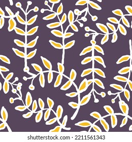 Nature seamless vector pattern with hand drawn twig, tree branch with leaves, tropical summer time. Ecological rural theme for poster print, wrapping paper, wallpaper, clothes textile, fabric design.