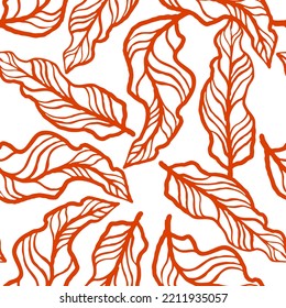 Nature seamless vector pattern with hand drawn twig, tree branch with leaves, tropical summer time. Ecological rural theme for poster print, wrapping paper, wallpaper, clothes textile, fabric design.