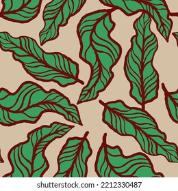 Nature seamless vector pattern with hand drawn twig, tree branch with leaves, tropical summer time. Ecological rural theme for poster print, wrapping paper, wallpaper, clothes textile, fabric design.