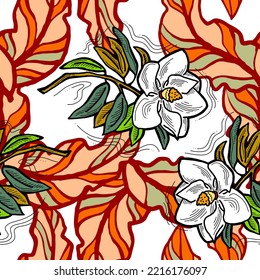 Nature seamless vector pattern with hand drawn twig, tree branch with leaves, tropical summer time. Ecological rural theme for poster print, wrapping paper, wallpaper, clothes textile, fabric design.