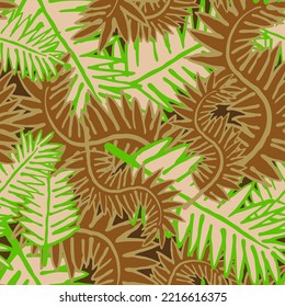 Nature seamless vector pattern with hand drawn twig, tree branch with leaves, tropical summer time. Ecological rural theme for poster print, wrapping paper, wallpaper, clothes textile, fabric design.