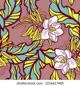 Nature seamless vector pattern with hand drawn twig, tree branch with leaves, tropical summer time. Ecological rural theme for poster print, wrapping paper, wallpaper, clothes textile, fabric design.