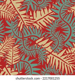 Nature seamless vector pattern with hand drawn twig, tree branch with leaves, tropical summer time. Ecological rural theme for poster print, wrapping paper, wallpaper, clothes textile, fabric design.