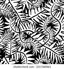 Nature seamless vector pattern with hand drawn twig, tree branch with leaves, tropical summer time. Ecological rural theme for poster print, wrapping paper, wallpaper, clothes textile, fabric design.