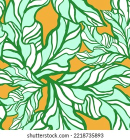 Nature seamless vector pattern with hand drawn twig, tree branch with leaves, tropical summer time. Ecological rural theme for poster print, wrapping paper, wallpaper, clothes textile, fabric design.