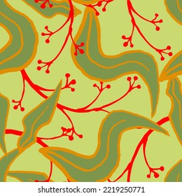 Nature seamless vector pattern with hand drawn twig, tree branch with leaves, tropical summer time. Ecological rural theme for poster print, wrapping paper, wallpaper, clothes textile, fabric design.