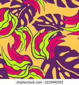 Nature seamless vector pattern with hand drawn twig, tree branch with leaves, tropical summer time. Ecological rural theme for poster print, wrapping paper, wallpaper, clothes textile, fabric design.