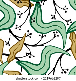 Nature seamless vector pattern with hand drawn twig, tree branch with leaves, tropical summer time. Ecological rural theme for poster print, wrapping paper, wallpaper, clothes textile, fabric design.