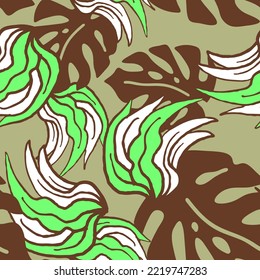 Nature seamless vector pattern with hand drawn twig, tree branch with leaves, tropical summer time. Ecological rural theme for poster print, wrapping paper, wallpaper, clothes textile, fabric design.