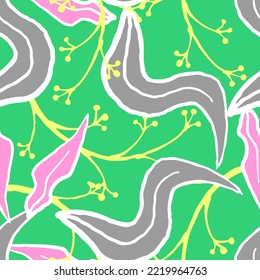 Nature seamless vector pattern with hand drawn twig, tree branch with leaves, tropical summer time. Ecological rural theme for poster print, wrapping paper, wallpaper, clothes textile, fabric design.