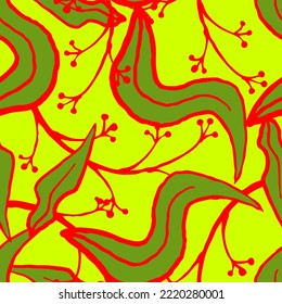 Nature seamless vector pattern with hand drawn twig, tree branch with leaves, tropical summer time. Ecological rural theme for poster print, wrapping paper, wallpaper, clothes textile, fabric design.