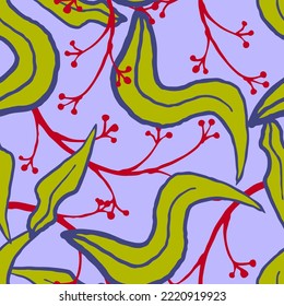 Nature seamless vector pattern with hand drawn twig, tree branch with leaves, tropical summer time. Ecological rural theme for poster print, wrapping paper, wallpaper, clothes textile, fabric design.