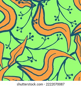 Nature seamless vector pattern with hand drawn twig, tree branch with leaves, tropical summer time. Ecological rural theme for poster print, wrapping paper, wallpaper, clothes textile, fabric design.