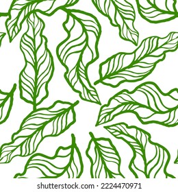 Nature seamless vector pattern with hand drawn twig, tree branch with leaves, tropical summer time. Ecological rural theme for poster print, wrapping paper, wallpaper, clothes textile, fabric design.