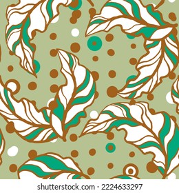 Nature seamless vector pattern with hand drawn twig, tree branch with leaves, tropical summer time. Ecological rural theme for poster print, wrapping paper, wallpaper, clothes textile, fabric design.