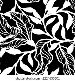 Nature seamless vector pattern with hand drawn twig, tree branch with leaves, tropical summer time. Ecological rural theme for poster print, wrapping paper, wallpaper, clothes textile, fabric design.