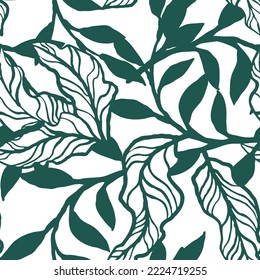 Nature seamless vector pattern with hand drawn twig, tree branch with leaves, tropical summer time. Ecological rural theme for poster print, wrapping paper, wallpaper, clothes textile, fabric design.