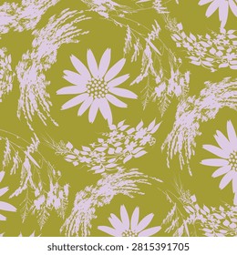 Nature seamless vector pattern with hand drawn flowers tree branch with leaves, tropical summer time. Ecological rural theme with background.eps