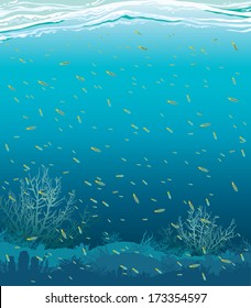 Nature seascape with fish and coral reef. Underwater vector.