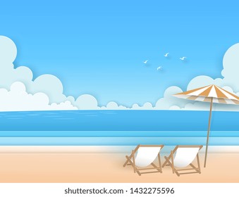 Nature seascape view on the beach with chair, bench, umbrella, blue sea, clouds, sky and birds in summer day. design on vector paper art concept.