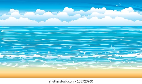 Nature seascape with waves and white clouds on a blue sky.