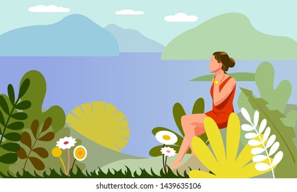 Nature seascape and a young woman sitting near the sea. mountains, sea, plants, leaves, trees, flowers. Vector illustration in trendy flat style and bright colors.