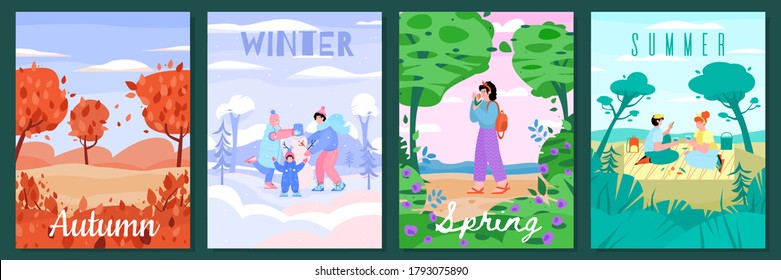 Nature seasons poster set with outdoor landscape and cartoon people. Autumn, winter, spring and summer - colorful seasonal cards vector illustration.